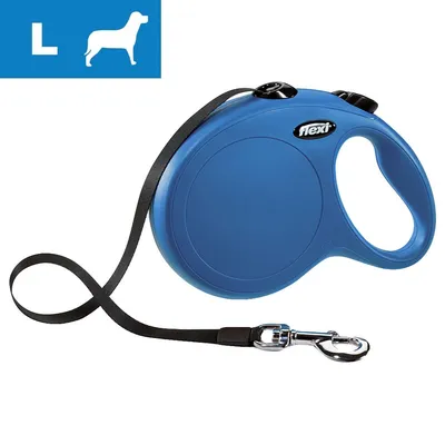 Guinzaglio avvolgibile Flexi blu con manico ergonomico, moschettone in metallo e indicazione taglia L per cani visibile nell’angolo superiore sinistro.