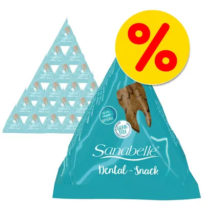 Sanabelle Dental-Snack -pussi, näkyvissä hammaskuvioisia herkkuja. Tekstit: 'Grain free', 'Mit viel frischem Geflügel'. Keltainen alennusmerkki pakkauksen päällä. Sanabelle Dental-Snack -pussi, näkyvissä hammaskuvioisia herkkuja. Tekstit: 'Grain free', 'Mit viel frischem Geflügel'. Keltainen alennusmerkki pakkauksen päällä.
