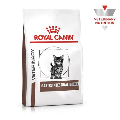 Bag labelled Royal Canin Veterinary Gastrointestinal Kitten, with image of a kitten and veterinary nutrition badge visible.