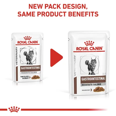 Image showing new pack design for Royal Canin Gastrointestinal Moderate Calorie thin slices in gravy, with unchanged product benefits.