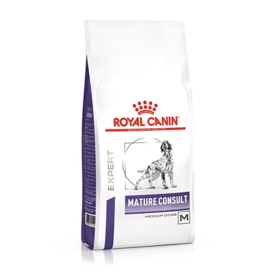 Bag labelled Royal Canin Expert Mature Consult Medium Dogs M, showing a dog illustration and product name.