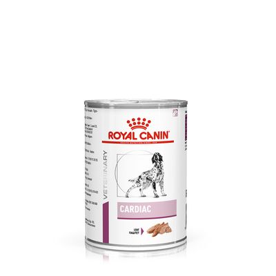 Royal Canin Veterinary Cardiac wet dog food tin, visible text: CARDIAC, LOAF, image of a dog and food pieces on the label