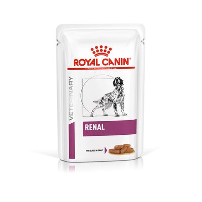 ROYAL CANIN VETERINARY RENAL thin slices in gravy pouch with dog illustration and purple label