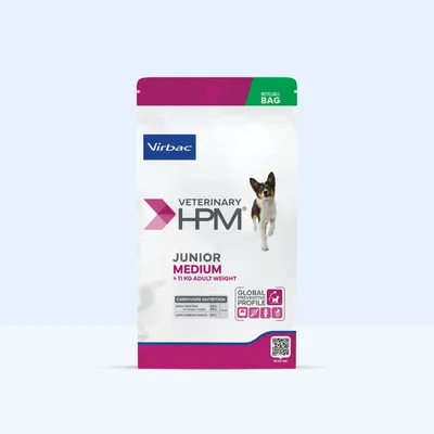 Virbac Veterinary HPM Junior Medium >11 kg felnőtt súly, Carnivore Nutrition: Magas fehérjetartalom 35%, Alacsony szénhidráttartalom 25%, újrahasznosítható csomagolás, Globális Preventív Profil.