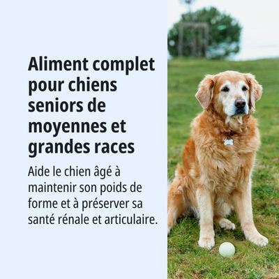 Aliment complet pour chiens âgés de races moyennes et grandes. Favorise le maintien du poids ainsi que la santé des reins et des articulations.