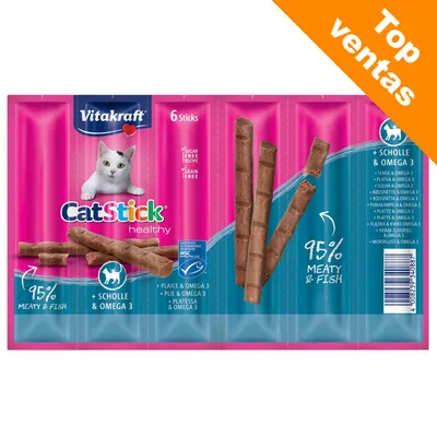 Vitakraft CatStick healthy, 6 sticks para gatos, 95% carne y pescado, con platessa y omega 3. Receta sin azúcar ni cereales. Etiqueta naranja: Top ventas. Vitakraft CatStick healthy, 6 sticks para gatos, 95% carne y pescado, con platessa y omega 3. Receta sin azúcar ni cereales. Etiqueta naranja: Top ventas.