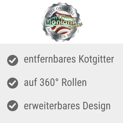Montana Cages. Entfernbares Kotgitter, auf 360° Rollen, erweiterbares Design.