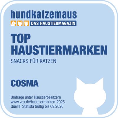 hundkatzemaus Das Haustiermagazin: Top Haustiermarken Snacks für Katzen COSMA. Umfrage unter Haustierbesitzern, Quelle: Statista, gültig bis 09.2026.