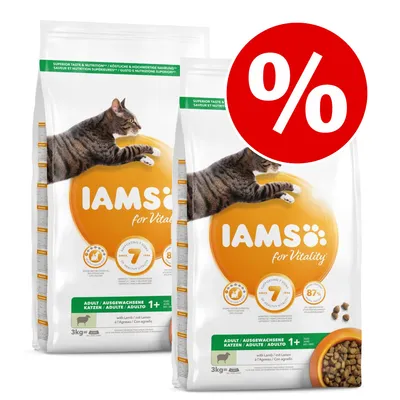 IAMS for Vitality Adult 1+ kissan kuivaruoka, lammas, 2 x 3 kg pakkaukset. Suuri punainen prosenttimerkki alennuksen merkiksi.