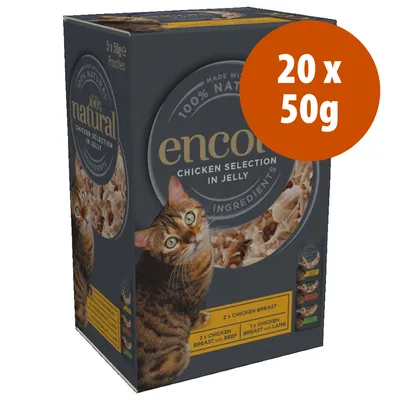 Embalagem de comida para gato Encore Chicken Selection in Jelly, 100% natural, 20 saquetas de 50 g. Inclui peito de frango, peito de frango com vaca e peito de frango com borrego.