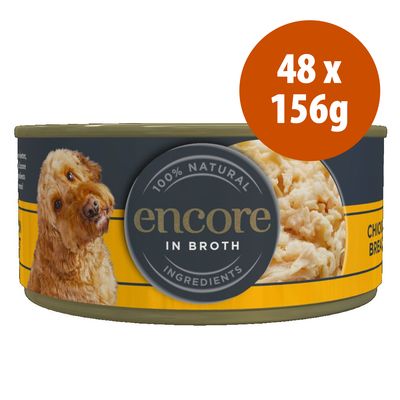 Lata de alimento para cão com rótulo 'encore in broth', 100% natural ingredients. Texto visível: 48 x 156g.