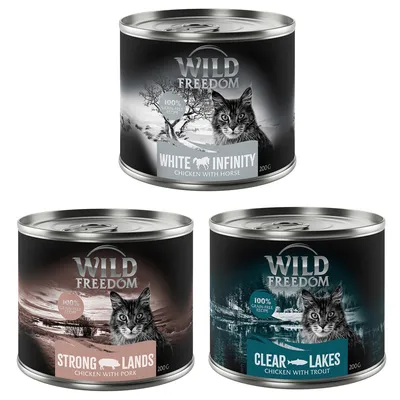Wild Freedom cibo per gatti, lattine da 200g: White Infinity con pollo e cavallo, Strong Lands con pollo e maiale, Clear Lakes con pollo e trota. Ricetta 100% senza cereali. Wild Freedom cibo per gatti, lattine da 200g: White Infinity con pollo e cavallo, Strong Lands con pollo e maiale, Clear Lakes con pollo e trota. Ricetta 100% senza cereali.