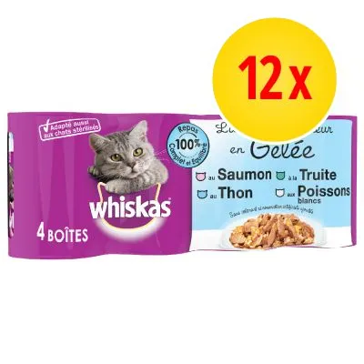Whiskas 4 boîtes kattmat i gelé, smaker: lax, tonfisk, öring, vit fisk. Stor gul cirkel med röd text: 12x. Text på franska om komplett måltid och anpassad för steriliserade katter.