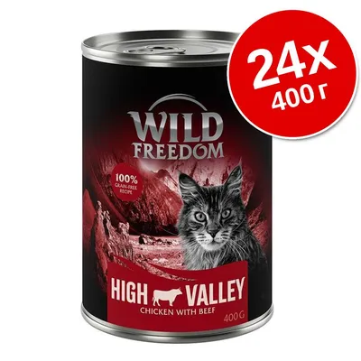 Консерва Wild Freedom High Valley Chicken with Beef 400 г, изображение на котка, надпис 100% grain-free recipe. Червен кръг с текст: 24x 400 г.