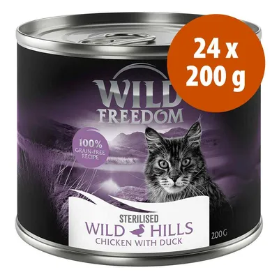 Confezione da 24 x 200 g Wild Freedom Sterilised Wild Hills Chicken with Duck, ricetta 100% grain-free, immagine di un gatto sulla lattina.