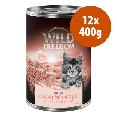 Wild Freedom Kitten Great Desert Chicken with Turkey, 12x400g, ricetta senza cereali 100%, immagine di un gattino sulla confezione