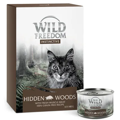 Wild Freedom Instinctive Hidden Woods, 6 x 140 g, s čerstvým svalovinou, 100% bezobilná receptura. Balení s motivem lesa a kočkou.