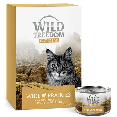Wild Freedom Instinctive Wide Prairies, 6 x 140 g, avec viande musculaire fraîche, recette sans céréales. Texte en anglais sur l’emballage et la boîte.