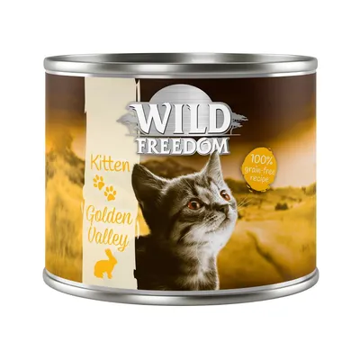 Burk med texten Wild Freedom, Kitten Golden Valley, 100% grain-free recipe. Bild på kattunge och landskap i bakgrunden.