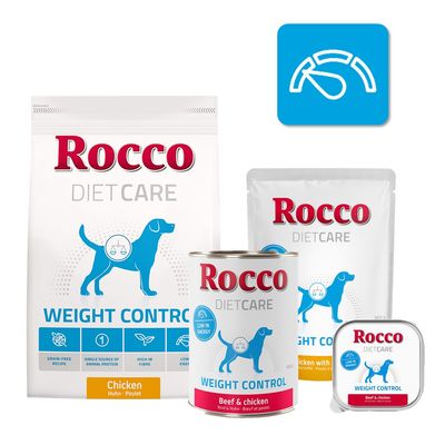 Konzerva Rocco DietCare Weight Control, Low in Energy, Beef & chicken, 400 g. Na obalu modrý pes a symbol vah.