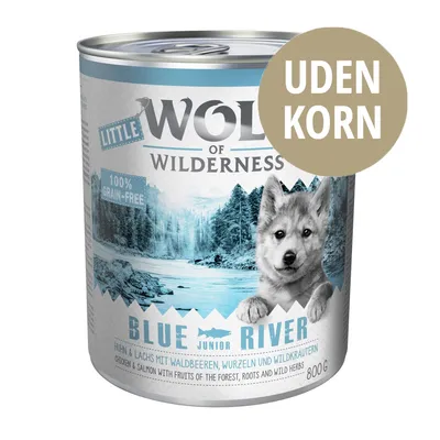 Wolf of Wilderness Blue River Junior dåse 800 g, uden korn. Huhn & Lachs mit Waldbeeren, Wurzeln und Wildkräutern. 100% grain-free.