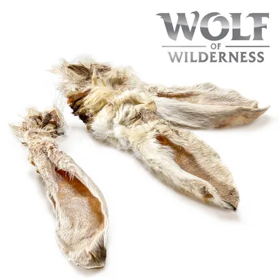 Wolf of Wilderness. Zwei getrocknete Kaninchenohren mit Fell als natürliche Kauartikel.