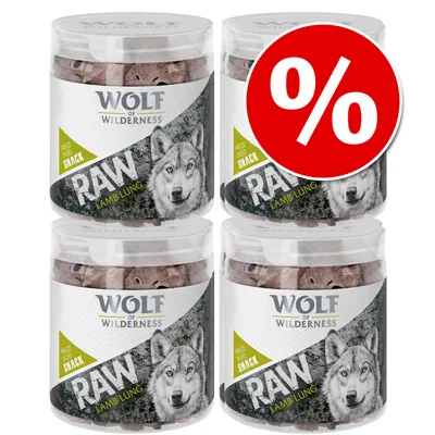 Wolf of Wilderness RAW Lamb Lung freeze-dried snack, four tubs shown with large red percentage discount symbol