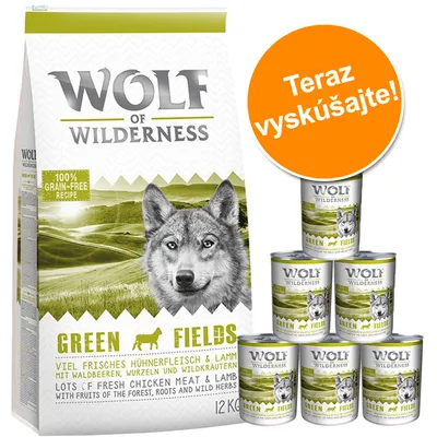 Wolf of Wilderness Green Fields, 12 kg balenie a 6 konzerv. Text: 100% grain-free recipe, lots of fresh chicken meat & lamb. Oranžový kruh s textom: Teraz vyskúšajte! Wolf of Wilderness Green Fields, 12 kg balenie a 6 konzerv. Text: 100% grain-free recipe, lots of fresh chicken meat & lamb. Oranžový kruh s textom: Teraz vyskúšajte!