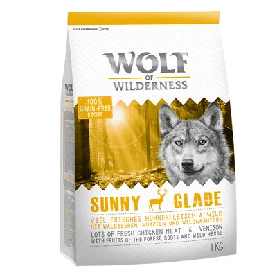 Wolf of Wilderness Sunny Glade, 1 kg. 100% grain-free recipe. Lots of fresh chicken meat & venison with fruits of the forest, roots and wild herbs. Text på engelska och tyska.