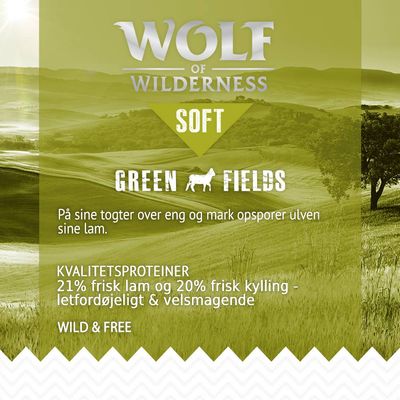 Wolf of Wilderness Soft Green Fields. Kvalitetsproteiner: 21% frisk lam og 20% frisk kylling – letfordøjeligt & velsmagende. Wild & Free. På sine togter over eng og mark opsporer ulven sine lam.