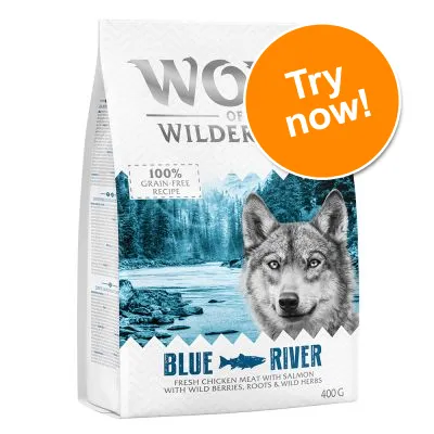 Wolf of Wilderness Blue River, 100% grain-free recipe, fresh chicken meat with salmon, wild berries, roots & wild herbs, 400g. Orange badge reads: Try now!