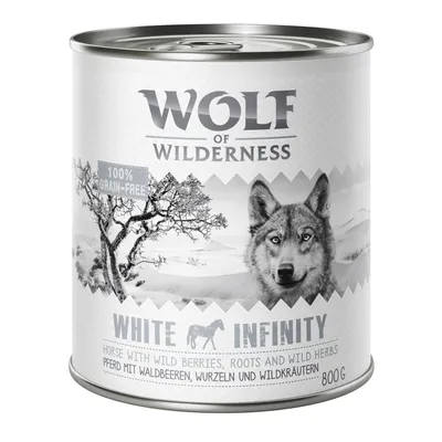 Lata de Wolf of Wilderness White Infinity, 800 g. Texto visible: 100% grain-free, horse with wild berries, roots and wild herbs. Imagen de paisaje y lobo en la etiqueta.