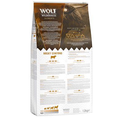 Wolf of Wilderness Elements Rocky Canyons tørfoder til hund, 12 kg. Synlig tekst: 'WOLF OF WILDERNESS ELEMENTS', 'ROCKY CANYONS', fodringsvejledningstabel og produktinformation.