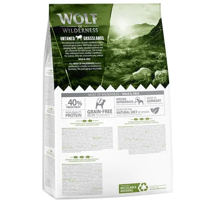 Wolf of Wilderness Untamed Grasslands. 40% frisk kød, kornfri opskrift, fremstillet i Tyskland, baseret på ulves naturlige ernæring. Emballage genanvendelig.