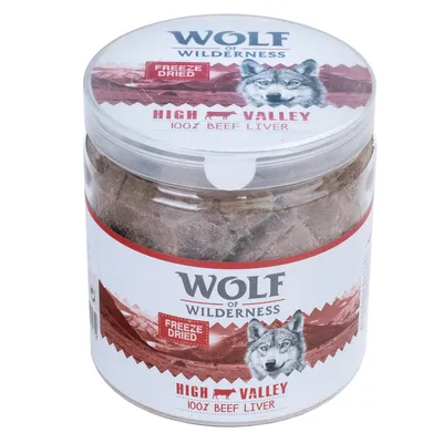 Wolf of Wilderness High Valley 100% Beef Liver, Freeze Dried. Rund plastbøtte med synlige frysetørrede okseleverstykker. Tekst: HIGH VALLEY, 100% BEEF LIVER, FREEZE DRIED.
