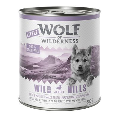 Boîte de nourriture Wolf of Wilderness Little Wild Hills Junior, 100 % grain-free, canard et veau avec fruits des bois, racines et herbes sauvages, 800 g