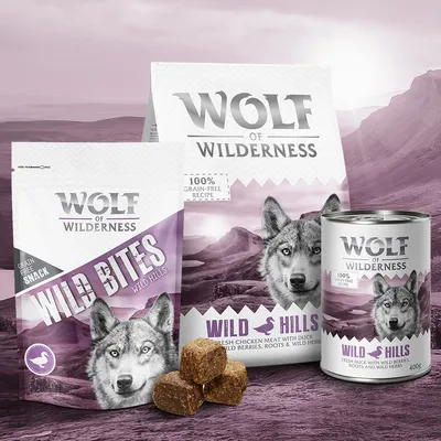 Wolf of Wilderness Wild Bites Wild Hills, sachet et boîte 400g avec loup illustré, mention 100% grain-free recipe, morceaux de friandises visibles devant les emballages. Wolf of Wilderness Wild Bites Wild Hills, sachet et boîte 400g avec loup illustré, mention 100% grain-free recipe, morceaux de friandises visibles devant les emballages.