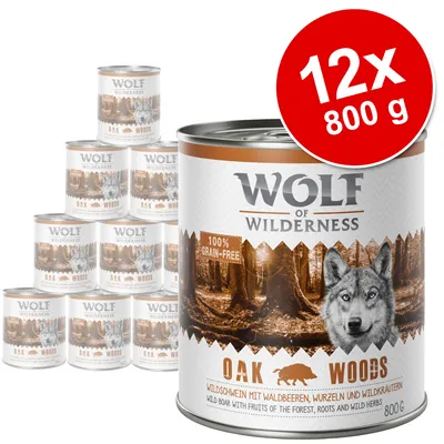 Wolf of Wilderness Oak Woods, 12×800 g konzervy. Viditeľný nápis 100% grain-free. Príchuť: diviak s lesnými plodmi, koreňmi a bylinkami. Text v angličtine aj nemčine.