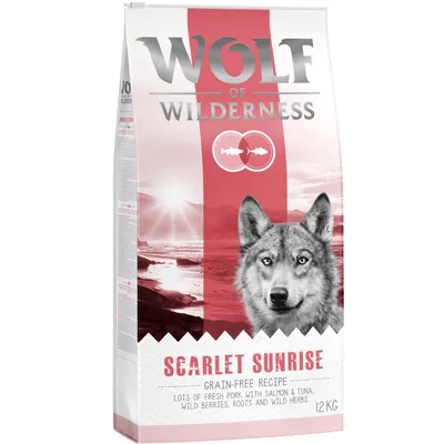 Упаковка корма Wolf of Wilderness Scarlet Sunrise, беззерновой рецепт, 12 кг. Видны надписи: lots of fresh pork with salmon & tuna, wild berries, roots and wild herbs.