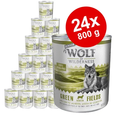 24x800 g Wolf of Wilderness Senior Green Fields dåsefoder, 100% grain-free, synlig tekst: lam & kylling med skovbær, rødder og vilde urter. Stor pakke dåser vist.