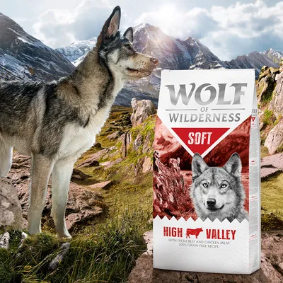 Wolf of Wilderness Soft High Valley s čerstvým hovězím a kuřecím masem, 100% bezobilná receptura.
