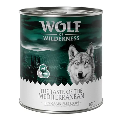 Wolf of Wilderness konzerva, The Taste of the Mediterranean, 100 % bezobilninová receptúra s čerstvým jahňacím, kuracím, pstruhom a bázou, 800 g.