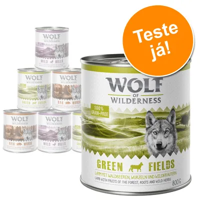 Várias latas Wolf of Wilderness, incluindo Green Fields 800 g com texto visível: '100% grain-free', 'Teste já!'. Outros sabores: Wild Hills e Oak Woods.