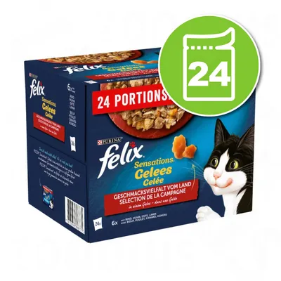 Boîte Felix Sensations Gelées, 24 portions, sélection de la campagne, visible : bœuf, poulet, canard, agneau. Texte en allemand et français sur l’emballage.