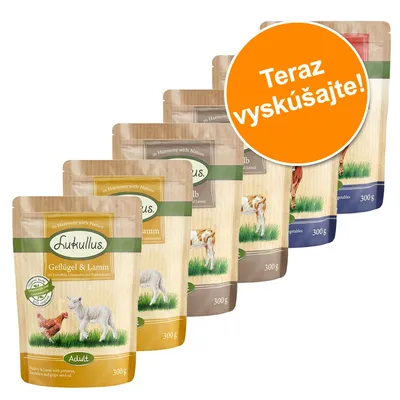 Lukullus Adult, viaceré príchute krmiva pre psov v 300 g baleniach. Oranžový kruh s textom: Teraz vyskúšajte!