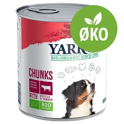 Yarrah BIO-ORGANIC SINCE 1992, CHUNKS with beef, with nettle & tomato, BIO ORGANIC. Stor grøn cirkel med teksten ØKO. Billede af hund på dåsen. Yarrah BIO-ORGANIC SINCE 1992, CHUNKS with beef, with nettle & tomato, BIO ORGANIC. Stor grøn cirkel med teksten ØKO. Billede af hund på dåsen.