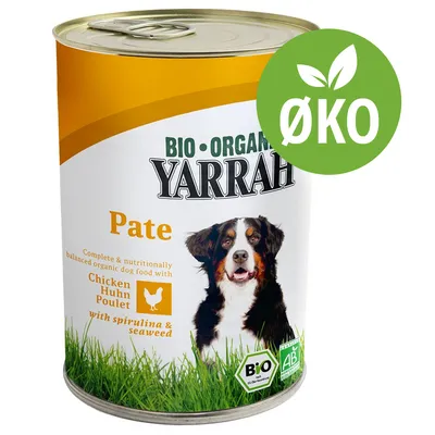 Yarrah Bio Organic Pate hundemad med kylling, spirulina og tang. ØKO-mærke synligt på dåsen. Tekst: Complete & nutritionally balanced organic dog food with Chicken Huhn Poulet.