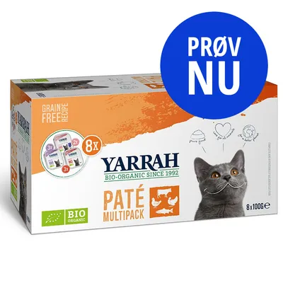Yarrah Bio-Organic Paté Multipack 8x100g, GRAIN FREE RECIPE, PRØV NU, BIO ORGANIC, billede af kat og illustrationer. Synlige varianter: 3x kylling, 3x fisk, 2x kalkun.