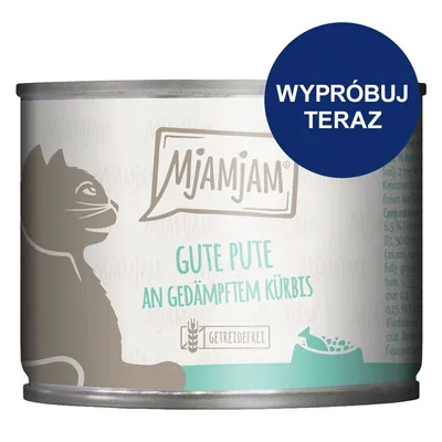 Mjamjam, GUTE PUTE AN GEDÄMPFTEM KÜRBIS, GETREIDEFREI. Niebieskie koło z napisem WYPRÓBUJ TERAZ. Mjamjam, GUTE PUTE AN GEDÄMPFTEM KÜRBIS, GETREIDEFREI. Niebieskie koło z napisem WYPRÓBUJ TERAZ.