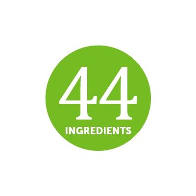 Texto en inglés: 44 INGREDIENTS. Indica que el producto contiene 44 ingredientes.